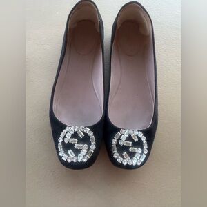 Gucci Black Embellished Flats Suede